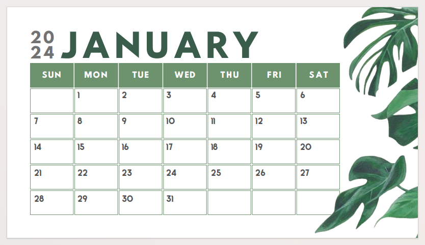 A monthly of Calendar Templates. | This template has a very clean and clear style, using mint color, symbolizing that the new year is full of vitality and healthy growth.
